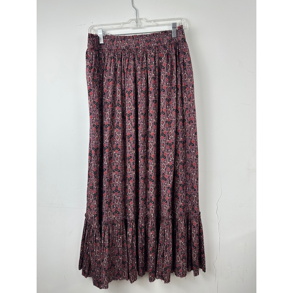 Zara Womens Floral Smocked Waist Tiered Maxi Skirt Burgundy Purple Boho Size M